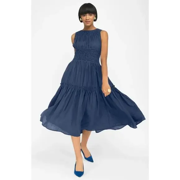 FANM MON Oren Indigo Navy Blue Linen Smocked Midi Dress Tuckernuck